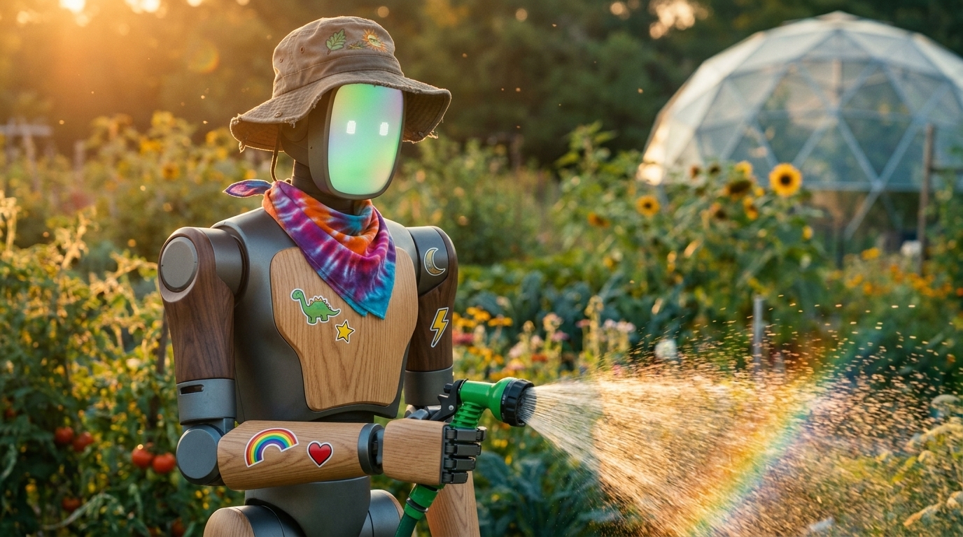 A wooden community robot with stickers and tie-dye bandana watering a community garden at golden hour, geodesic dome greenhouse in background
